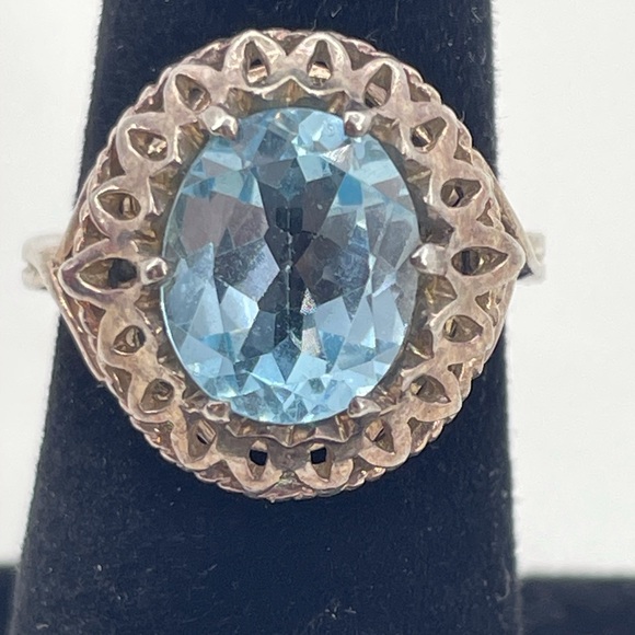 Oval Blue Topaz Sterling Silver Cocktail Ring Scroll 925 Size 5.75 - Picture 1 of 9